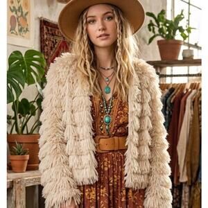 American Threads faux fur cropped bell sleeve jacket